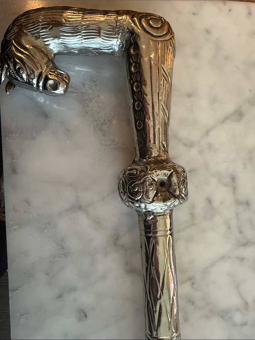 Ornate Silver Horse-Head Walking Stick Handle Accent
